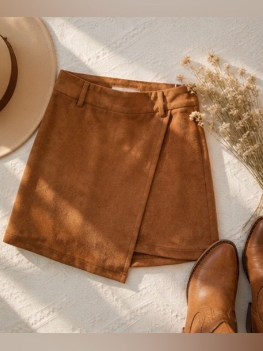 A Loves A XS Faux Suede Wrap Mini Skirt Camel Western Chic - Picture 2 of 8
